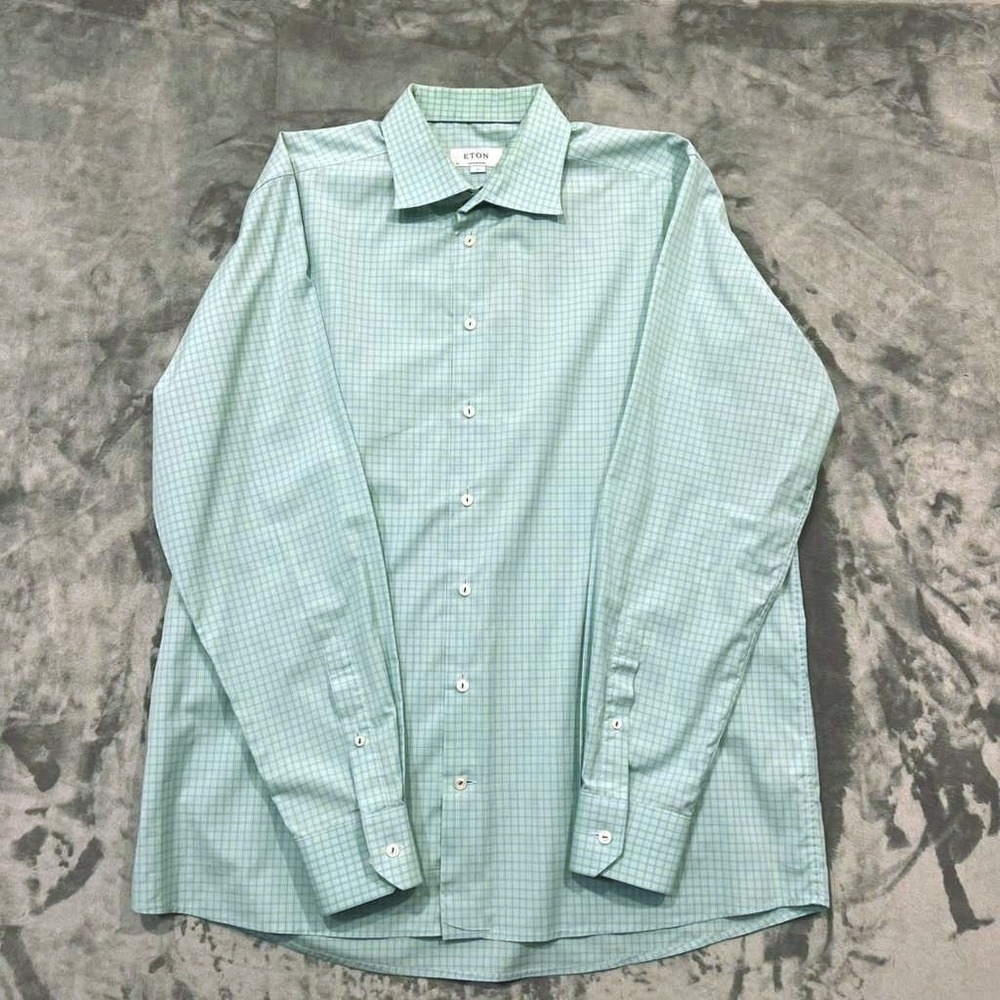 Eton Contemporary Men's Dress Shirt 18 46 XXL Green Blue Plaid Check Brighton Ch